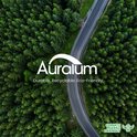 Een luchtbeeld van een kronkelende weg door een dicht bos, met het logo 'Auralum' en de tekst 'Durable. Recyclable. Eco-Friendly.'