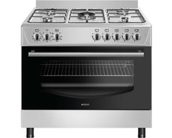 Wiggo WO‑E905R(XX) – Cuisinière à gaz pose libre – 90 cm – 5 zones de cuisson avec brûleur wok – Four électrique 110 L – Acier inoxydable – Allumage électrique par étincelle et protection contre les flammes – Classe énergétique B – Garantie 5 ans