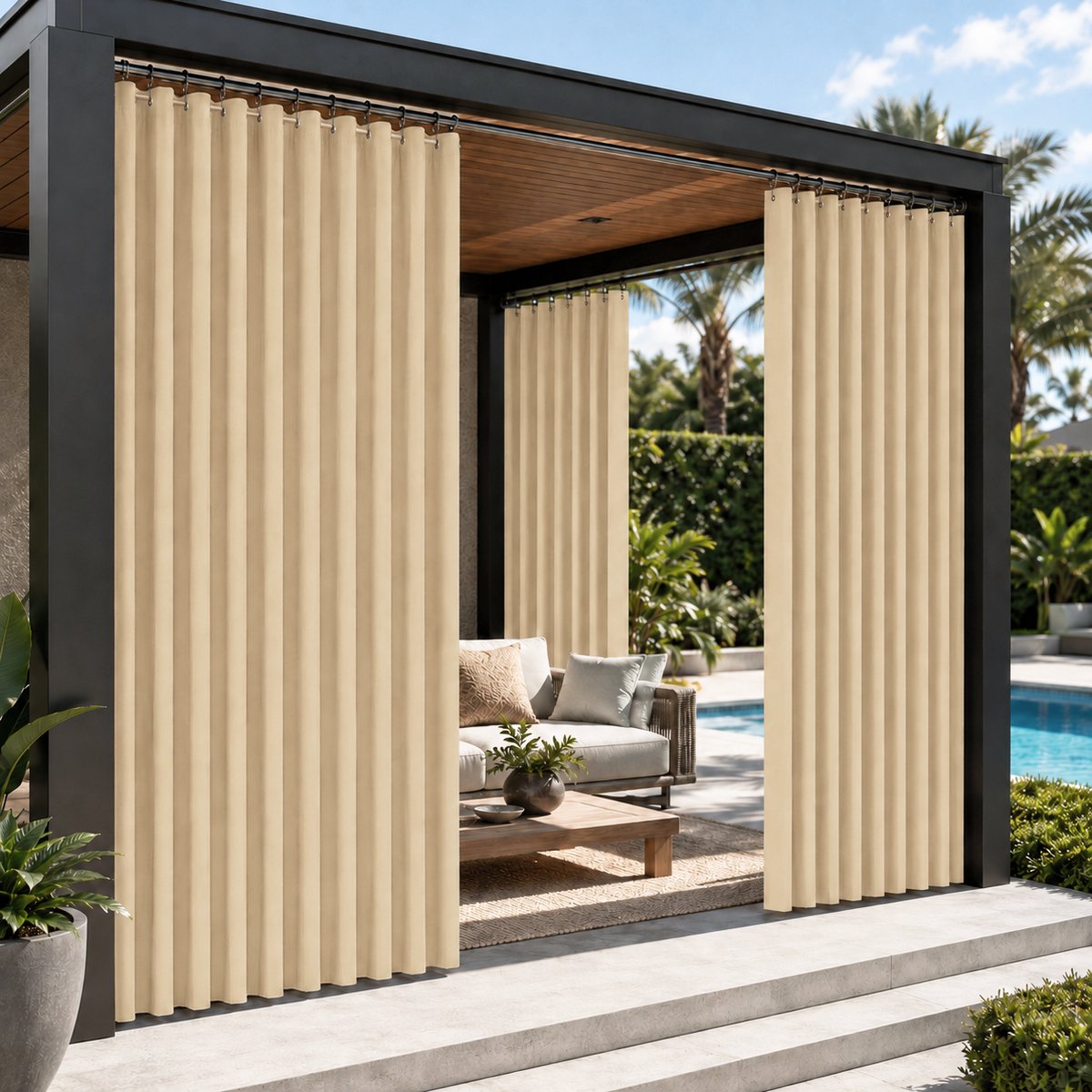 MUPOO Buitengordijn Extra Breed 254 cm - Buitengordijnen Waterdicht met Ringen - Privacy & Lichtwerend - Zonwerend Buiten Gordijn 230GSM - Outdoor Gordijn voor Terras, Veranda, Balkon en Schuifdeur - B254 cm x L213 cm - Donkergrijs - 2 stuks Beige-2 stuk