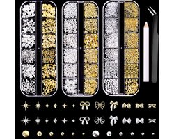 3D Nail Art Rhinestones - Nail Art Versiering - 3 Dozen - 36 Ontwerpen - Goud & Zilver - Nagelsteentjes - Manicure Bedeltjes - Sterren en Strikjes - Strass Steentjes - Nail Deco - Nagelaccessoires
