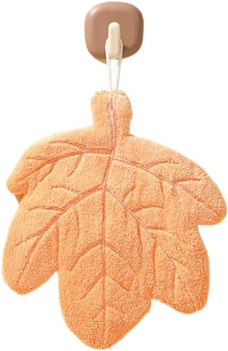 Bladvormige Handdoek met Ophanglus - Zacht en Absorberend - Decoratieve Keuken- en Badkamerhanddoek - Oranje Esdoornbladmotief - 25 x 23 cm