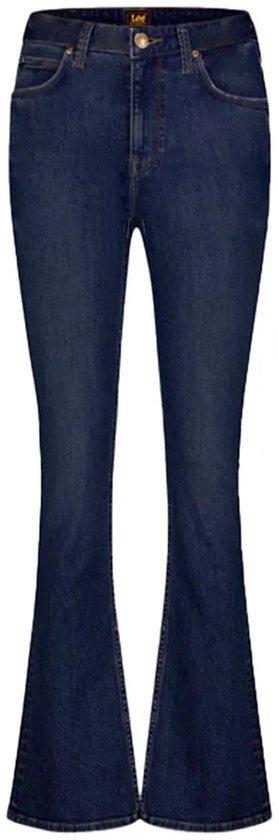 Donkerblauwe Lee flared jeans met ritssluiting en knoop.