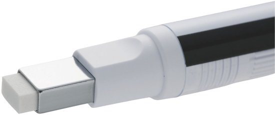 Close-up van de metalen houder met de witte rechthoekige gum van de Tombow Mono zero.