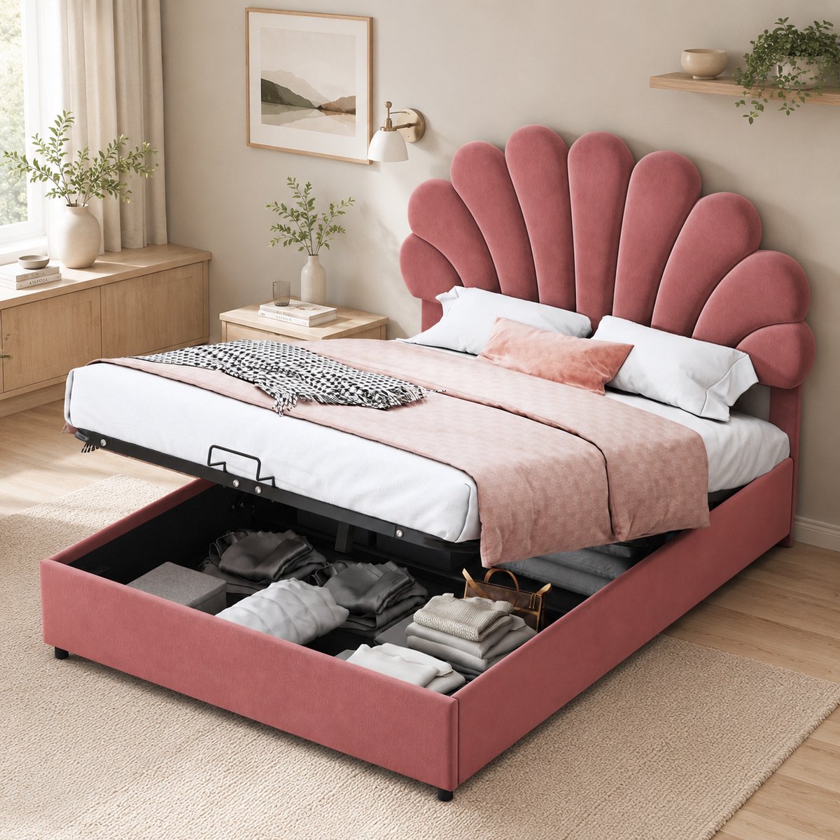 Gestoffeerd bed 140x200 cm - Tweepersoonsbed 140x200 cm - Hoofdbord met Fluwelen stof - Bloemblad-vormig hoofdbord - Houten Lattenbodem - Met Opbergruimte - Roze
