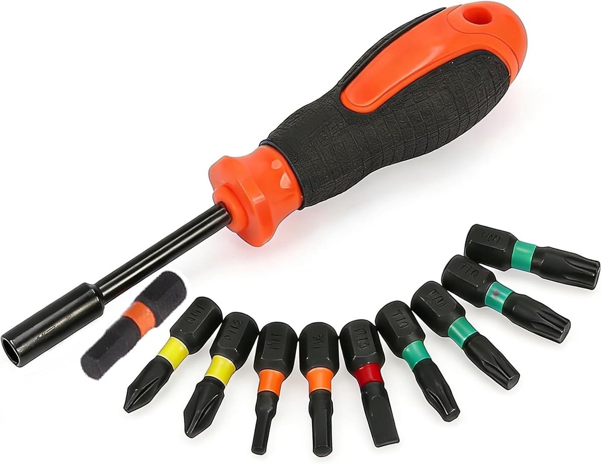 Veelzijdige 10-in-1 Ratchet Schroevendraaier met Hoge Hardheid voor Reparatie en Dagelijks Gebruik, Inclusief PH1, PH2, SL6, T15, T20 en Meer
