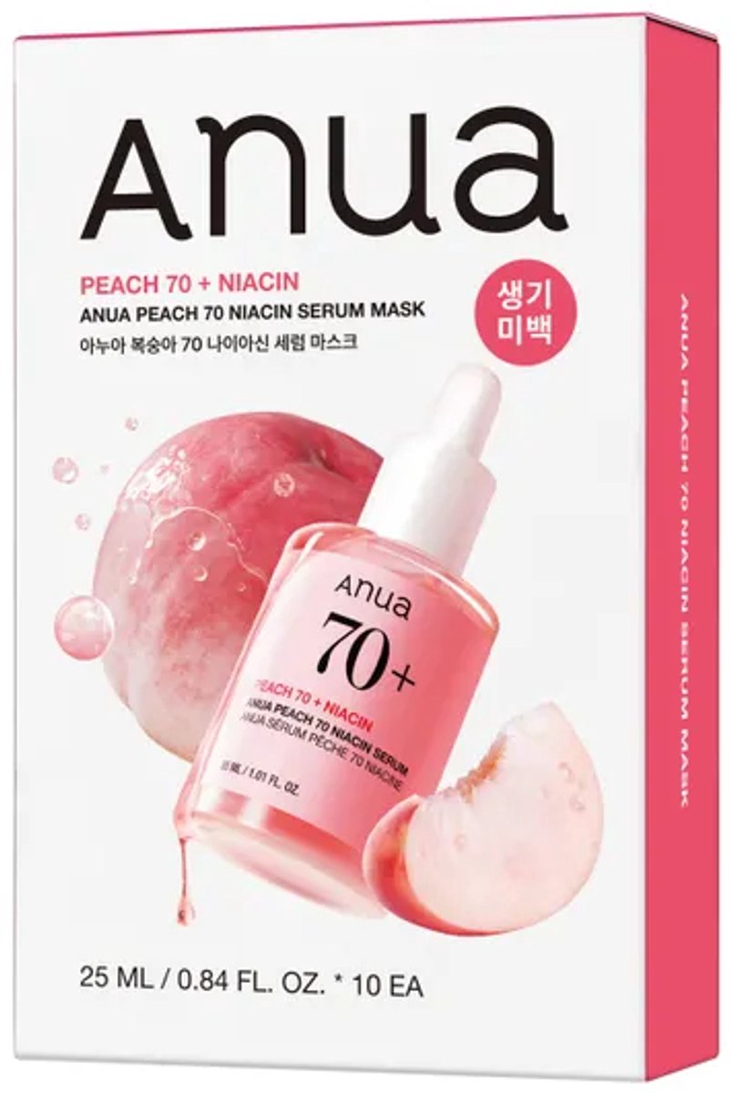 Anua Peach 70 Niacin Serum Mask Set - Gezichtsmaskers - Hydraterend & Verhelderend - Met Perzikextract, Niacinamide & Hyaluronzuur - 10 stuks