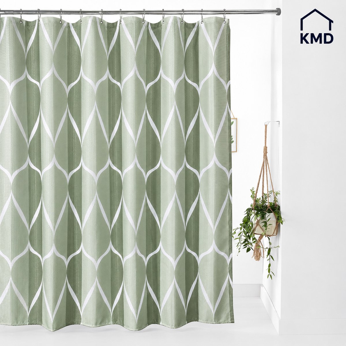 KMD Badkamer Douchegordijn Geometrisch Waterdicht met Metalen Ringen Anti-schimmel Textiel Zwaar Badgordijn 182x182 cm Groen
