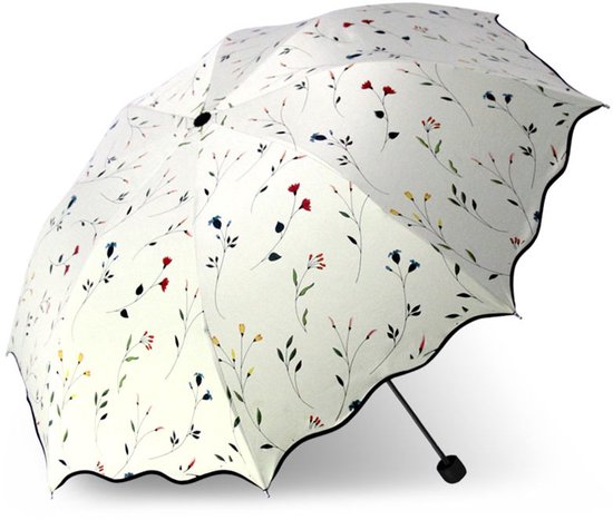 Een open witte paraplu met een print van delicate bloemen in rood, blauw, oranje en groen.