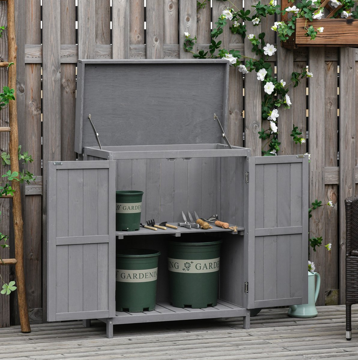 MEUNIQ tuinkast 74 x 43 x 88 cm met dubbele deuren en 2 vakken, houten opbergkast voor tuin, balkon of garage, grijs