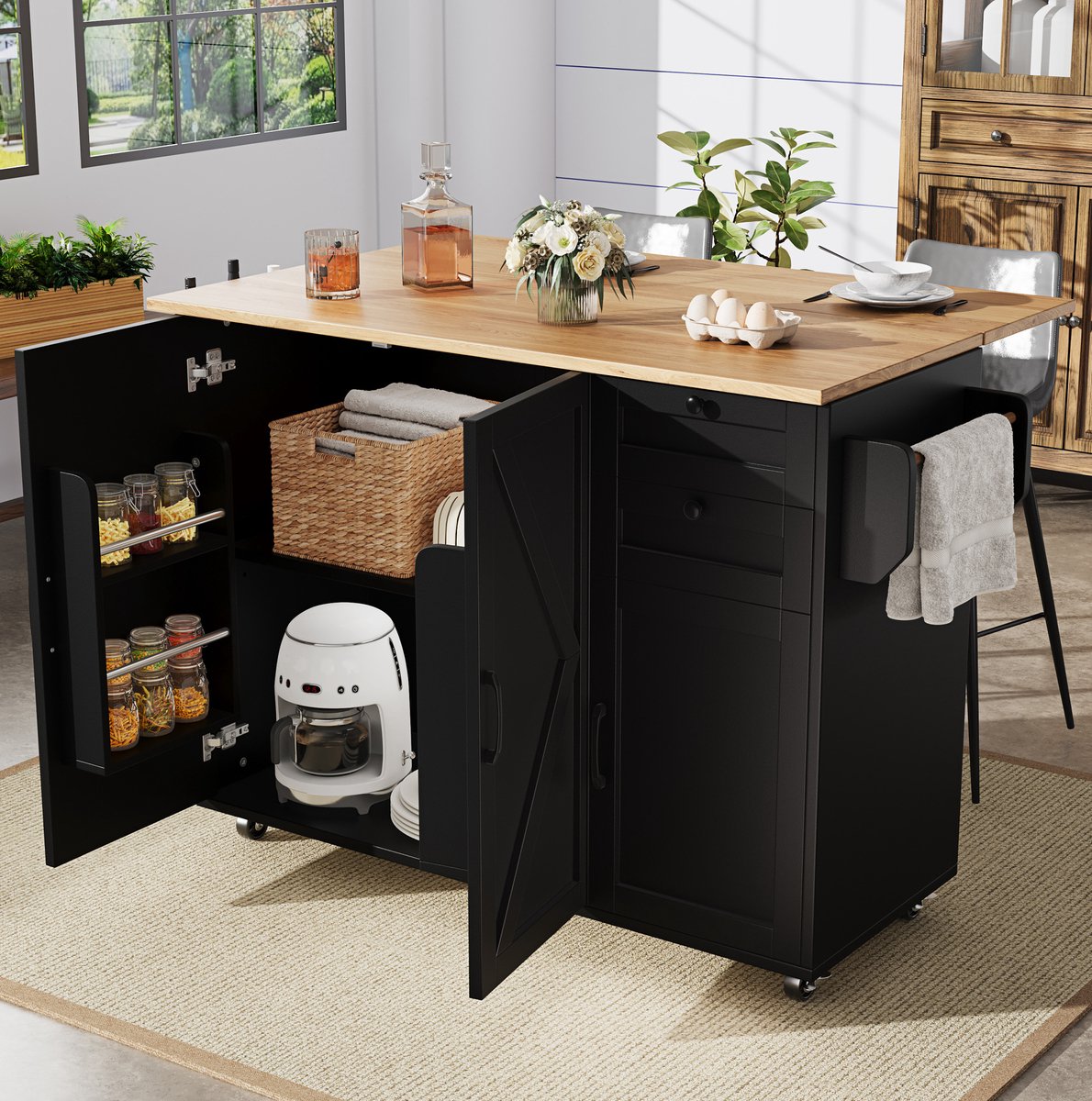 MEUNIQ Keukenkast met uitklapbaar tafelblad 120 x 43,2 x 92 cm, keuken eiland op wielen met 2 lades en verstelbare planken, opbergruimte voor keuken of eetkamer, zwart