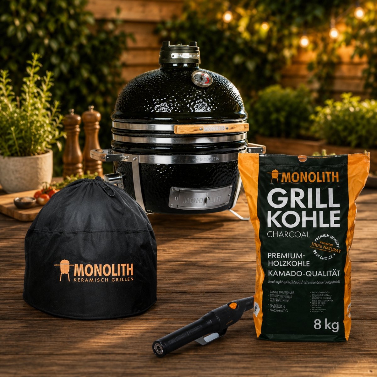 Monolith Icon Starterset – Kamado Barbecue 33 cm – Inclusief Beschermhoes, Mono-Lighter & Houtskool – Compacte Houtskool BBQ