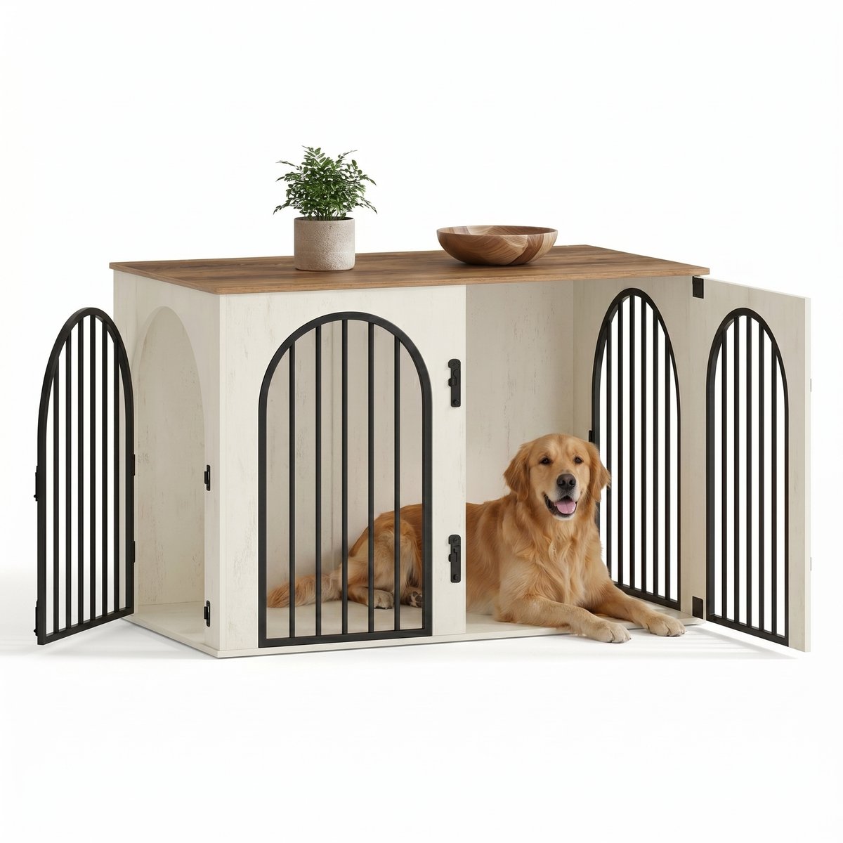 Aiverig® Hondenbench Hout Meubel XL – Boogdeuren – Hondenhok voor Binnen & Hondenkooi – Met Anti-knaag Hek & Sloten – Krasvrije Poten– Voor Grote Honden – Wit Bruin – 108×64×76 CM
