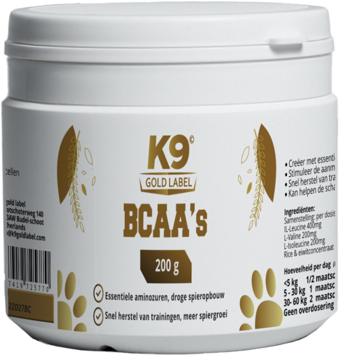 K9 gold label - BCAA's 200g - aminozuren - droge spieropbouw - snel herstel meer spiergroei.