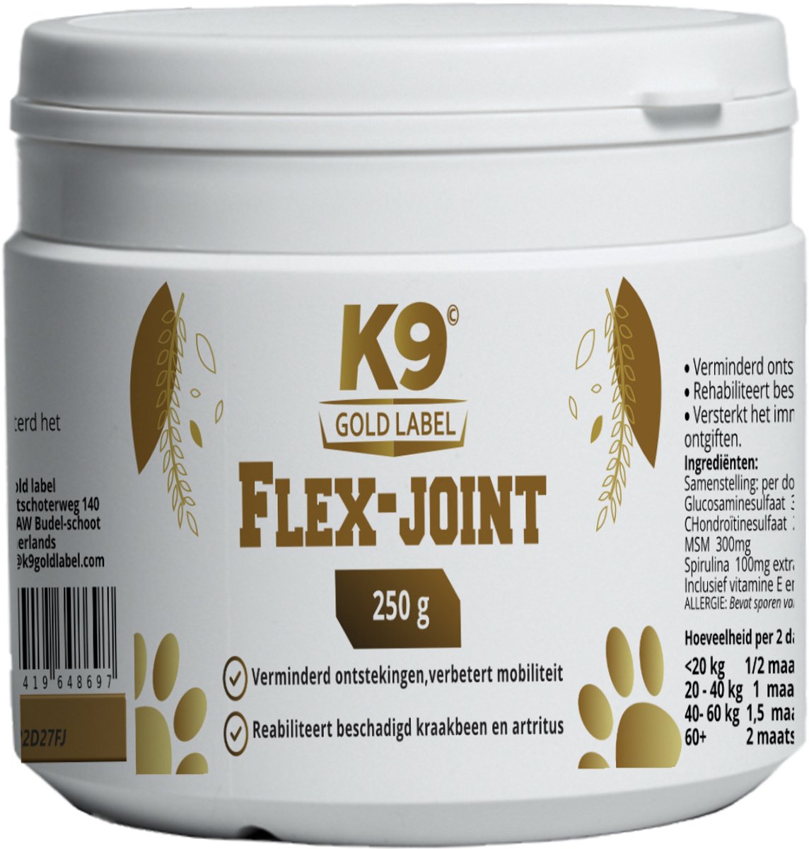 k9 gold label - Flex-joint - soepele gewrichten - vermindert ontstekingen - mobiliteit.
