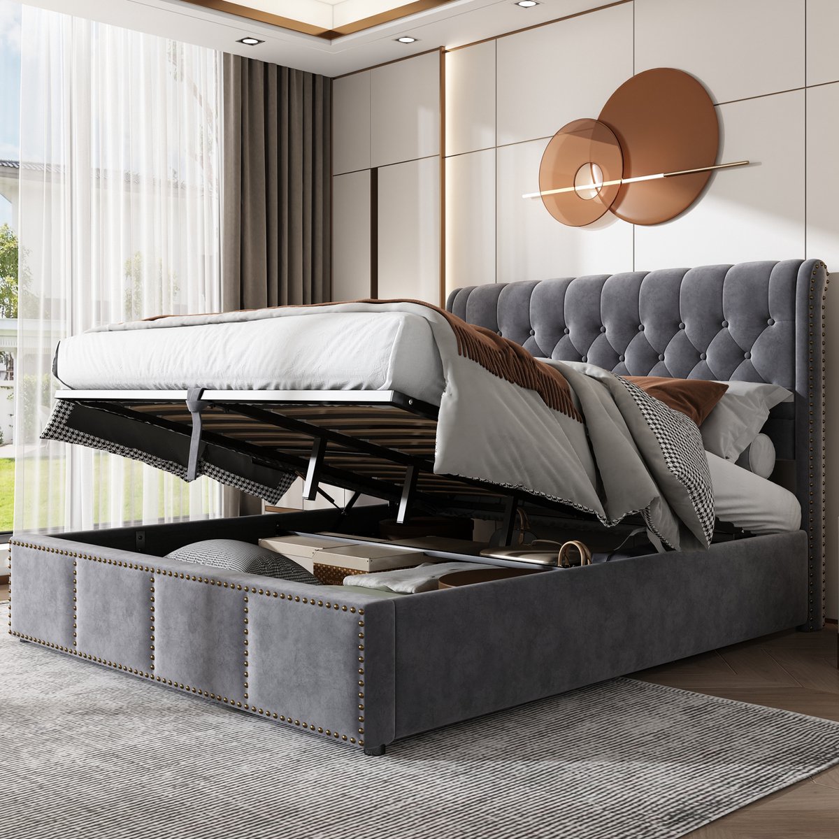Opbergbed 160x200 Grijs Velvet – Hydraulisch Bed met Nieten & Opbergruimte