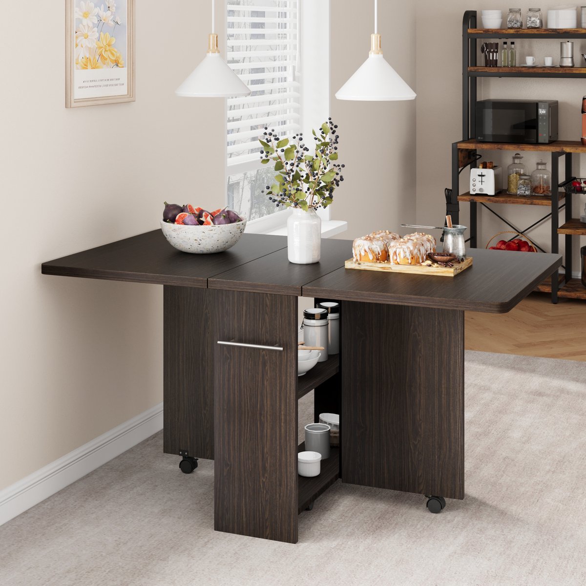 Eettafel Opvouwbaar - 120x60x75cm - Uitschuifbare Keukentafel met Drop Leaf en 6 Wieltjes - Ruimtebesparend voor 2 Personen - 2 Lagen Opbergrekken - Voor Eetkamer of Woonkamer - Walnootkleur