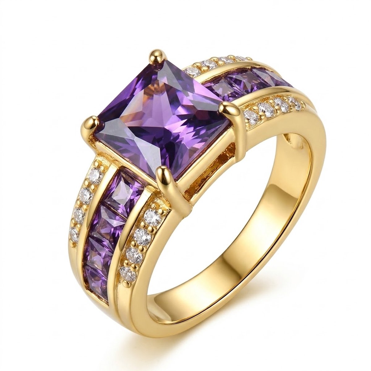 Paars goudkleurige ring dames maat 8 met steen vierkante paarse steen en pavé details brede band ring met paarse en transparante stenen statement ring
