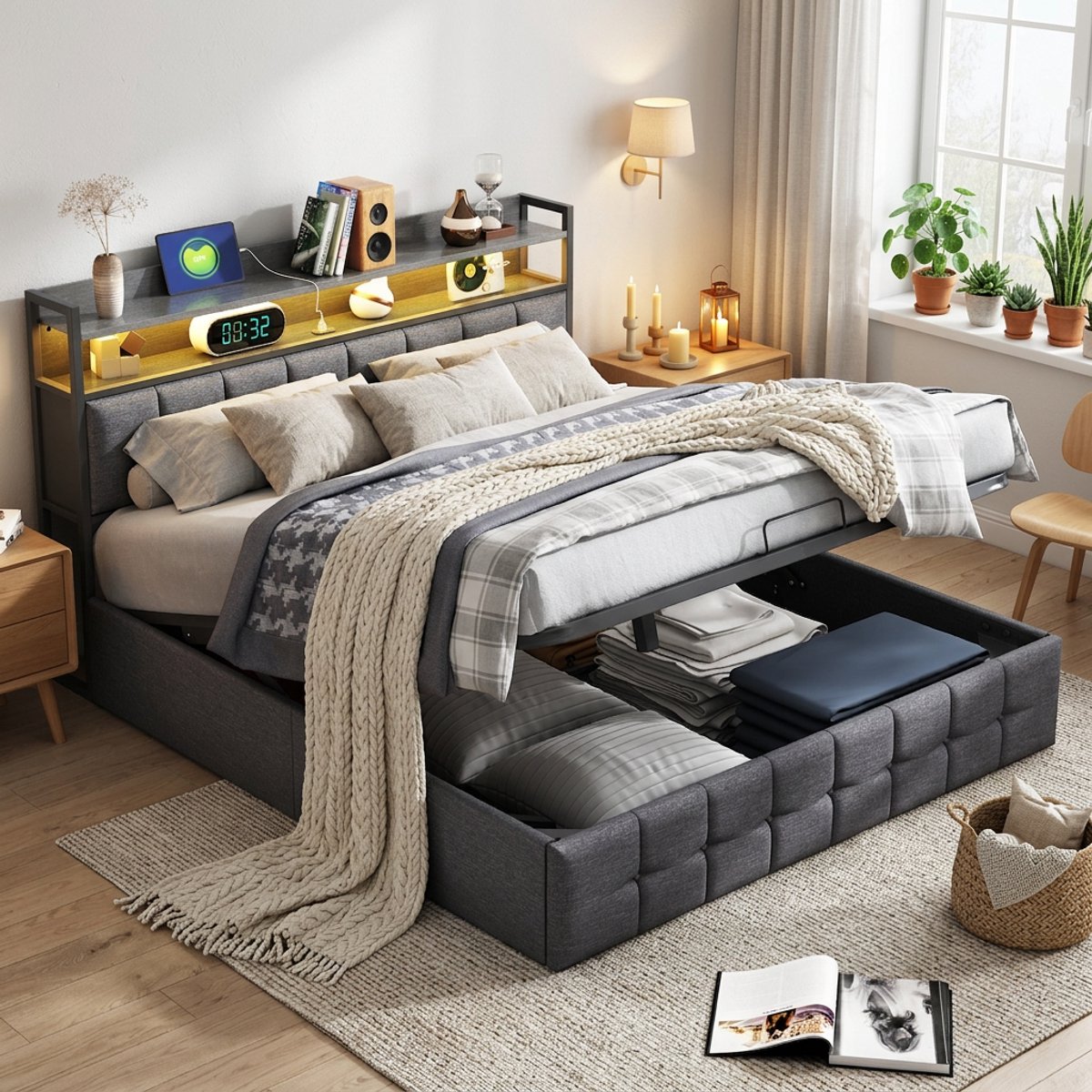 MEXUS Gestoffeerd bed 140x200 cm met LED & Opbergruimte – Opbergbed Tweepersoonsbed met USB-Stopcontacten en Gasveer – Boxspringbed - Linnen Grijs – Zonder Matras