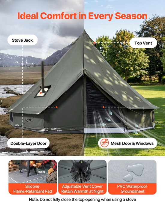 VEVOR Canvas Bell Tent, 3m Yurt, 4 Seizoenen, met Schoorsteenopening, Slaapruimte voor Maximaal 3 Personen, met Uitneembare Vloer (Ritssluiting), Ideaal voor Gezinskamperen en Buitenactiviteiten, Groen van Vevor — afbeelding 4