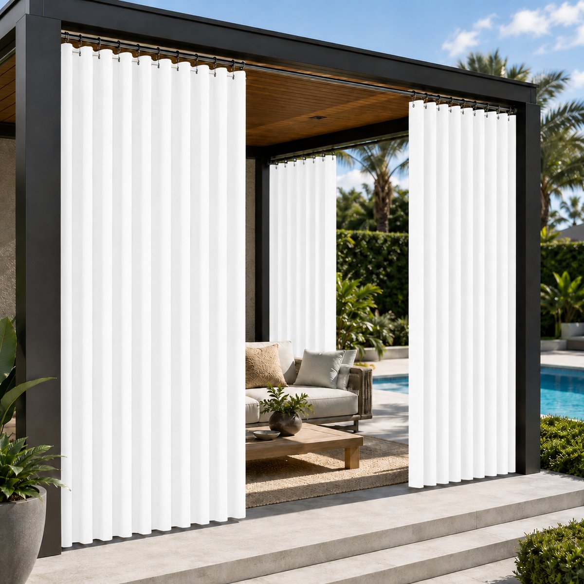 MUPOO Buitengordijn Extra Breed 254 cm - Buitengordijnen Waterdicht met Ringen - Privacy & Lichtwerend - Zonwerend Buiten Gordijn 230GSM - Outdoor Gordijn voor Terras, Veranda, Balkon en Schuifdeur - B254 cm x L213 cm - Beige - 1 Stuk