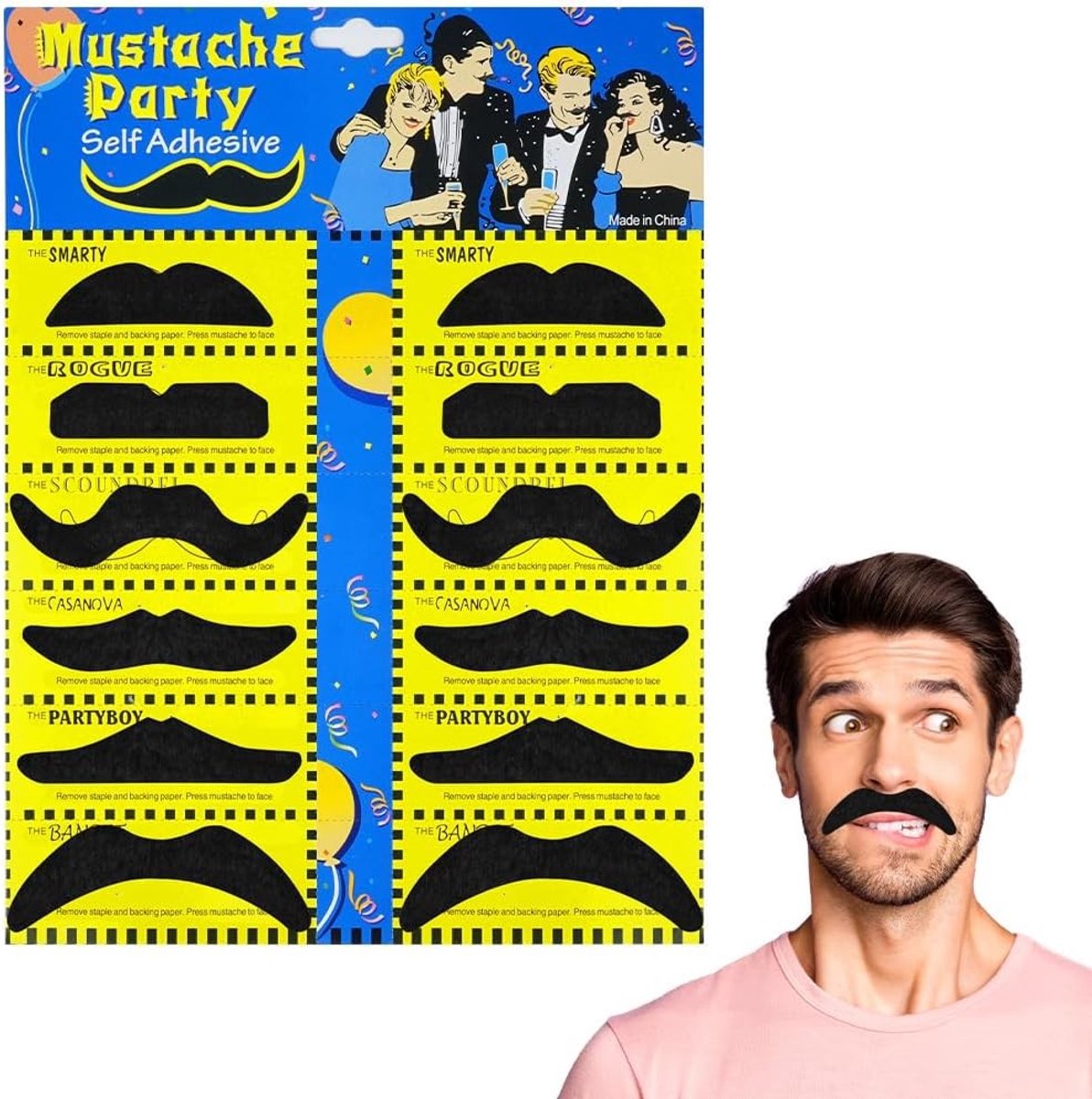 Set van Zelfklevende Neppetjes, 80s Carnaval Baard en Snor voor Kostuums, Halloween en Feestjes