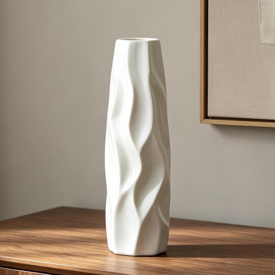 Moderne Hoge Witte Keramische Vaasje van 30 cm voor Pampasgras, Bloemen en Interieurdecoratie, Perfect voor Woonkamer en Boerderijstijl