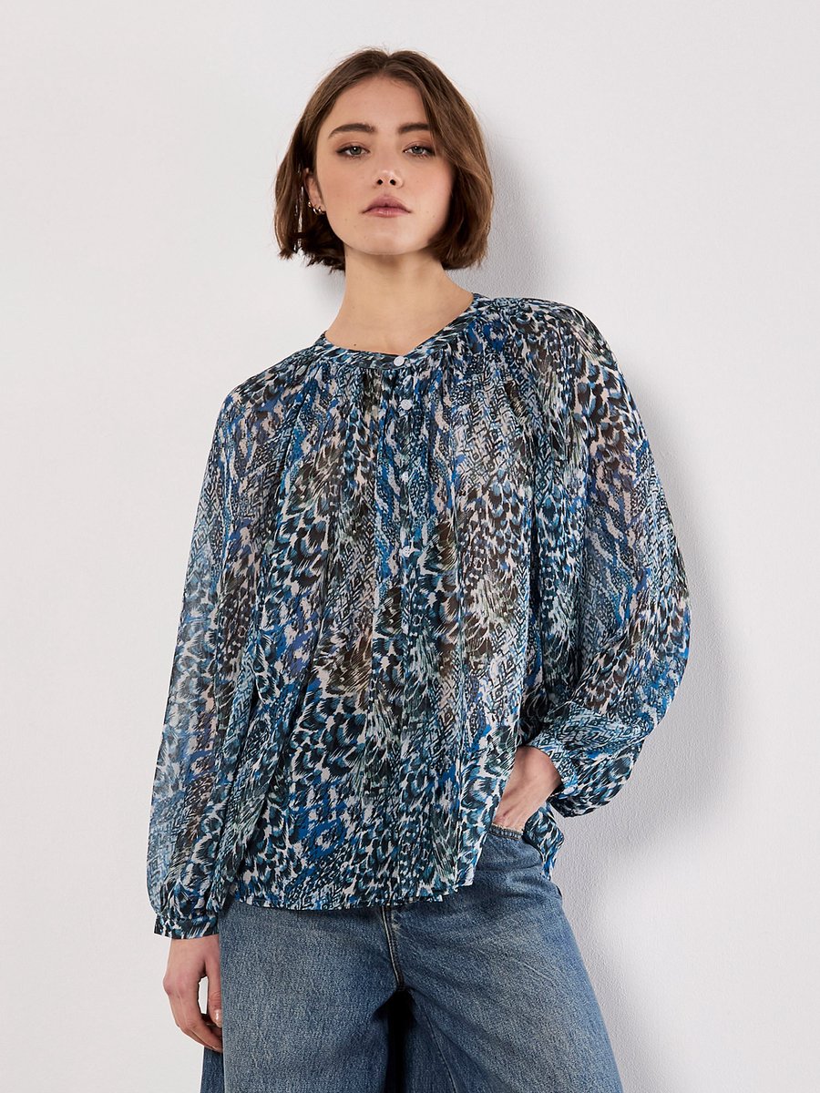 Patchwork Feather Print Chiffon Top