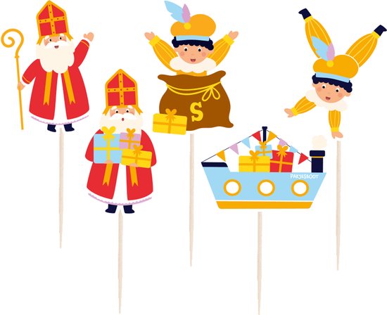 Sinterklaas decoratieprikkers: Sinterklaas met staf, Sinterklaas met cadeau, pieten met zak, pieten op boot.