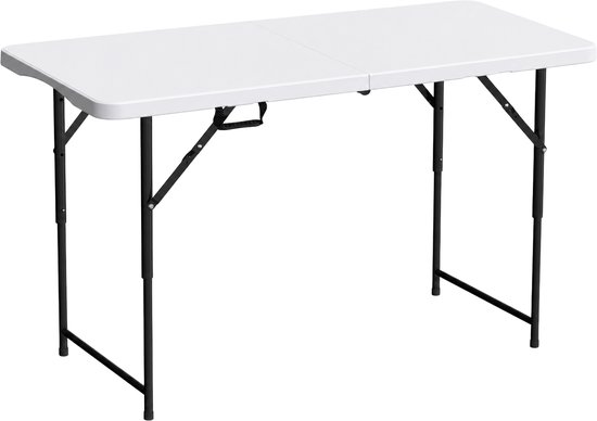 Witte inklapbare tafel met een wit blad en zwarte metalen poten, 122 cm lang.