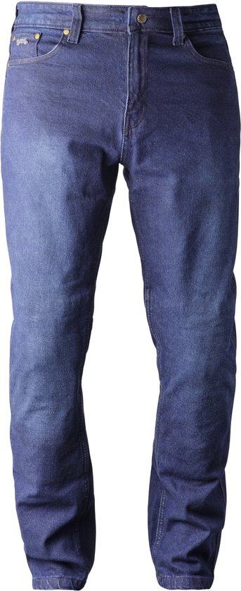Donkerblauwe GMS Atlanta Regular herenjeans, recht model, met stone-washed effect en gele knopen.