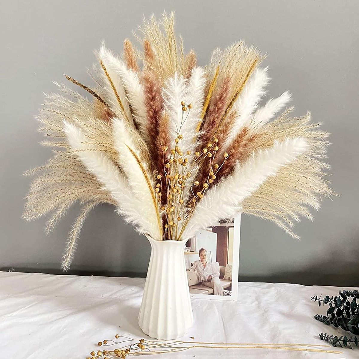 SnelShoppen - Pampas Gras Kunstbloemen Set van 90 Gedroogde Planten Boeket Voor Boho Decoratie, Woonkamer en Vazen, 100% Natuurlijk, Poeder, Wit, Natu