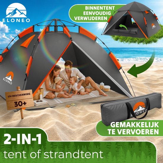 ELONEO Pop-up Tent 2-4 Personen, Wurftent met snelle opbouw - Campingtent 245 x 225 x 150 cm ,Inclusief draagtas, Oranje/Grijs van ELONEO — afbeelding 5