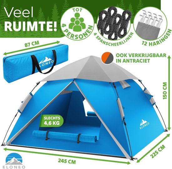 ELONEO Pop-up Tent 2-4 Personen, Wurftent met snelle opbouw - Campingtent 245 x 225 x 150 cm ,Inclusief draagtas, Blauw/Grijs van ELONEO — afbeelding 2