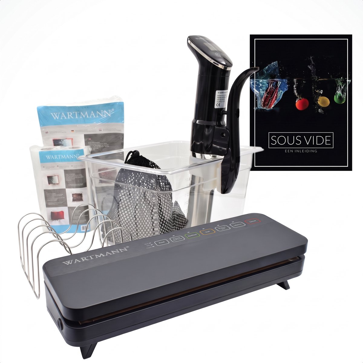 Wartmann 1507 Sous Vide Stick Voordeelset - Vacuümmachine - Sous Vide Zakken & Rollen - Waterbak - Rekje - Isolatieballen - Incl. Sous Vide Handboek (digitaal)