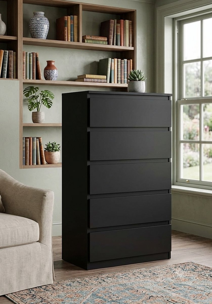Commode Zwart Mat 5 Laden 124,5 cm Hoog – NoviHomeStore Greeploos Dressoir Woonkamer Slaapkamer 70x39x124,5 cm – Ladekast Zwart met Rolgeleiding & Antislip Meubelpoten – NoviHomeStore