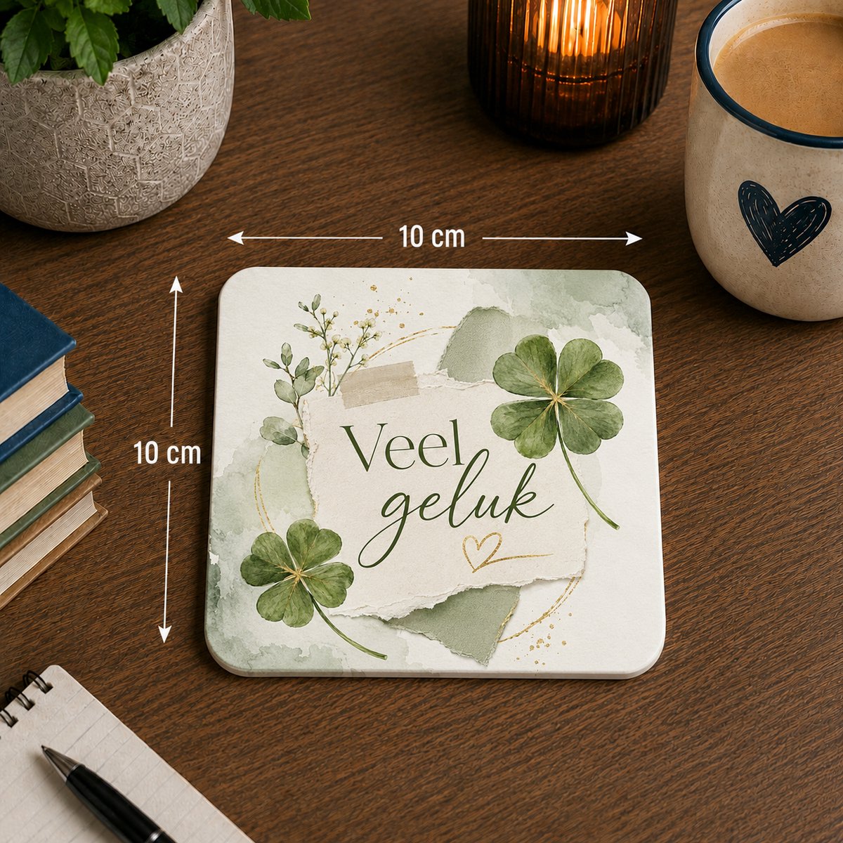 Onderzetter Veel Geluk – 10 x 10 cm – Klavertje Vier Cadeau – Gelukswens – Vierkante Onderzetter