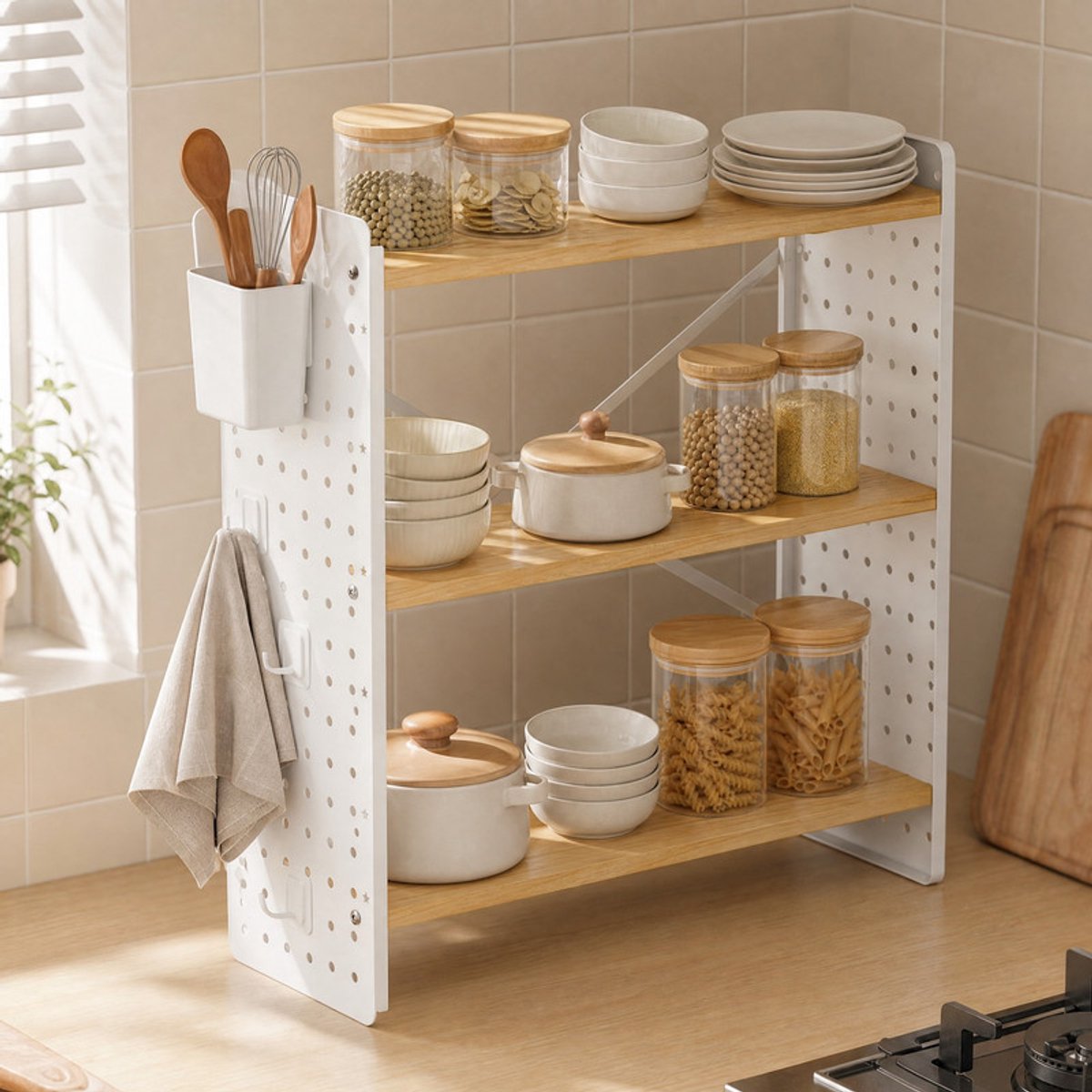 EGGREE Keukenrek met 3 niveaus voor op het aanrecht - kruidenrek met ABS-haken en opbergbakjes - tafelmodel rek voor keuken -eetkamer en kantoor - wit keukenrek - 60 × 20 × 60 cm