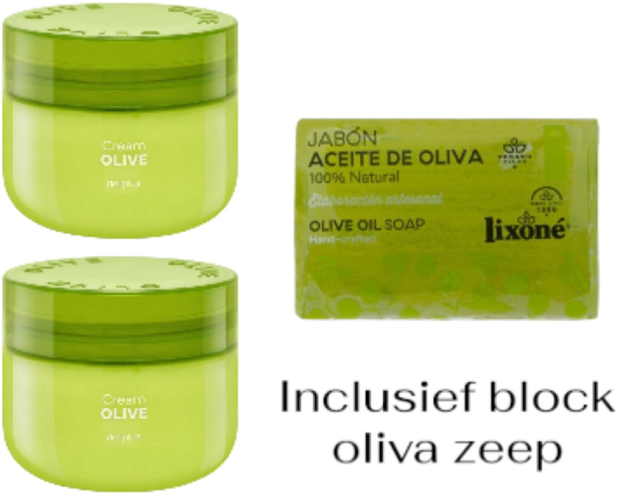 Deliplus Cream Oliva (Olive) uit Spanje - Voordeel Pack Duo - Inclusief 1 Olive handvervaardigde block zeep 100% natuurlijk