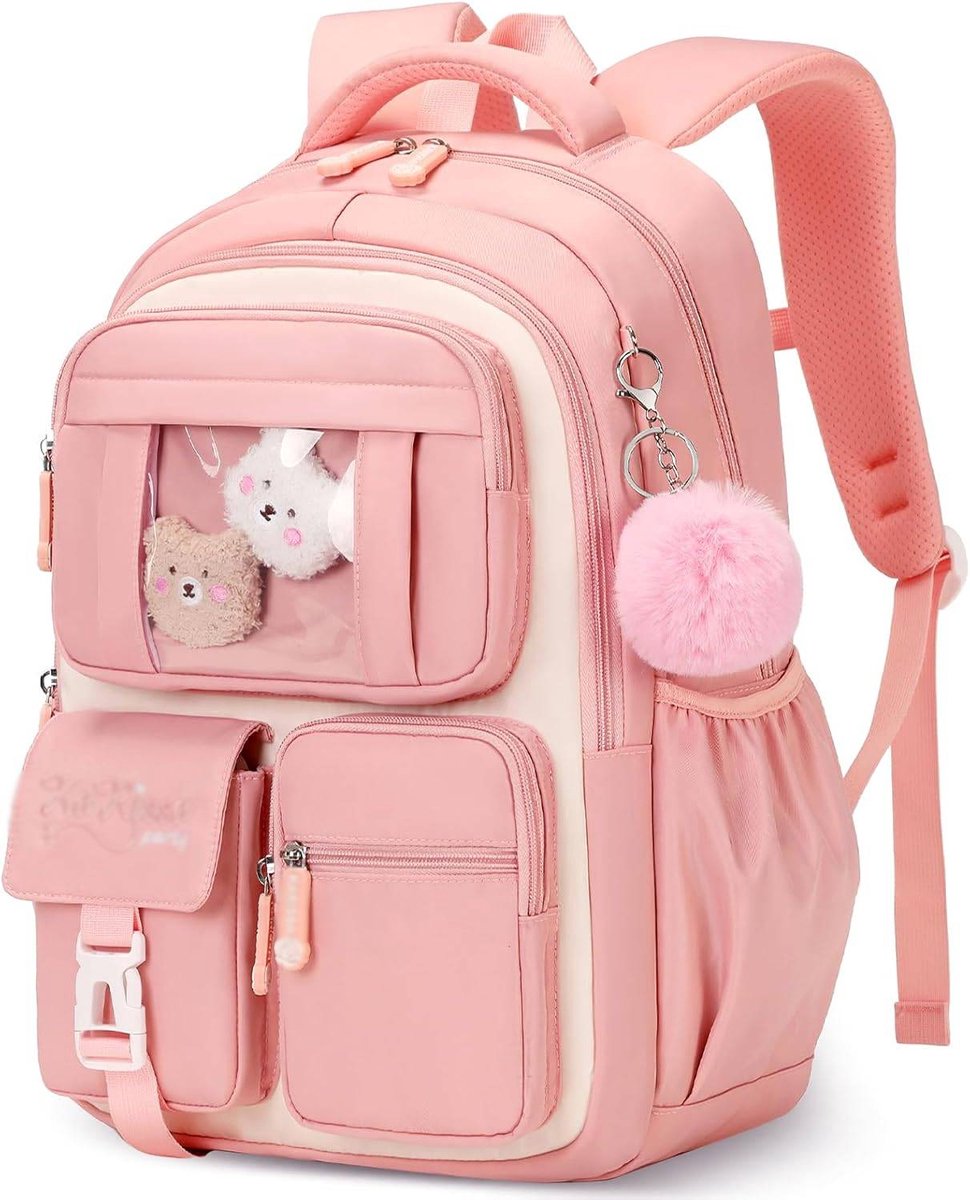 LISM-Meisjes schooltas, ademende schooltas geschikt voor basisschoolkinderen van groep 1 t/m 5, casual schooltas, roze en wit.