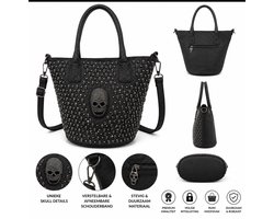 Dames Handtas met Skull Studs – Zwarte Schoudertas met Afneembare Schouderband – Gothic Shopper – Grote Shopper Tas met Ritssluiting