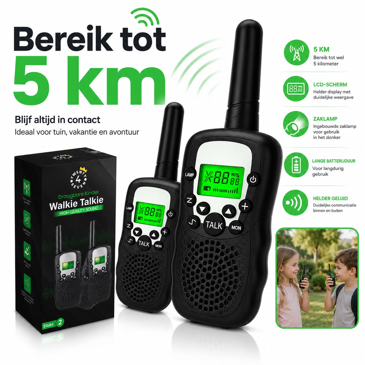 Twenty4seven® Walkie Talkie Kinderen 2 Stuks - Portofoon voor Volwassenen met 5km Bereik - Buiten Spelen, Camping & Bos - Kerst & Sinterklaas Cadeau — cadeau in Gadgets - foto 4