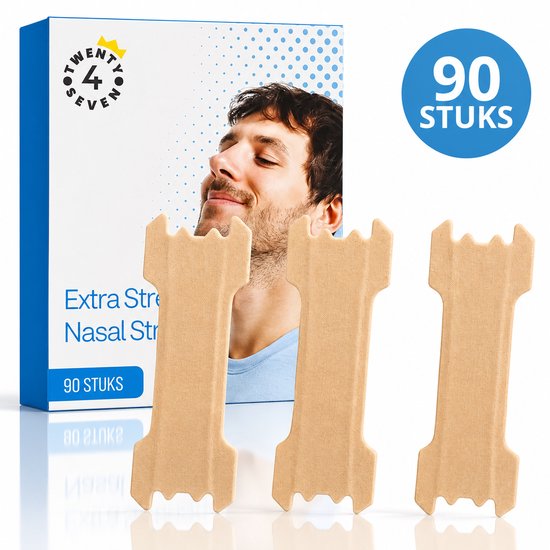Twee beige neusstrips met kartelranden, met op de achtergrond een doos met "90 STUKS" en een man met een neusstrip.