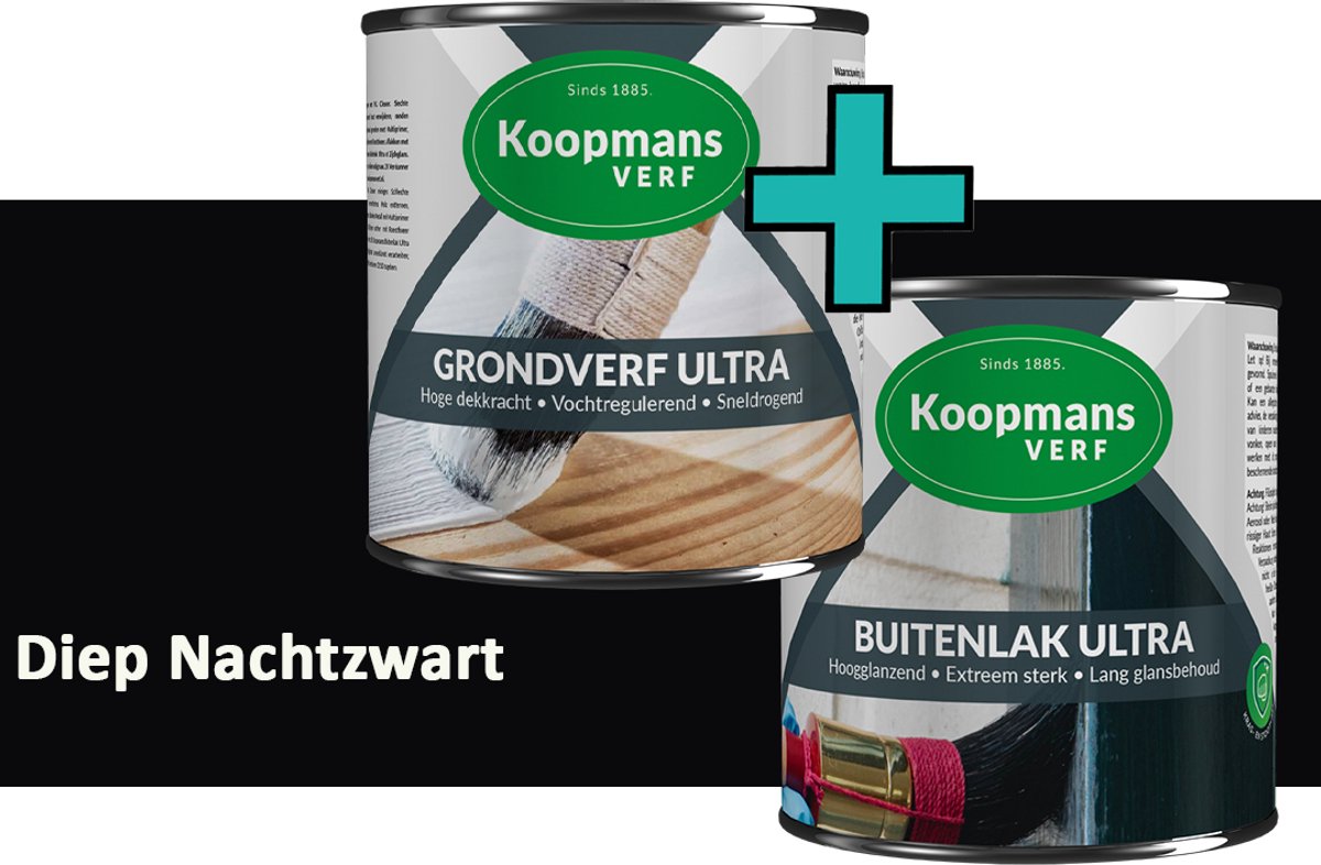 Koopmans Grondverf Ultra en Buitenlak Ultra - Grondverf Lakverf set - Buiten - Diep Nachtzwart – 2x – 375 ml