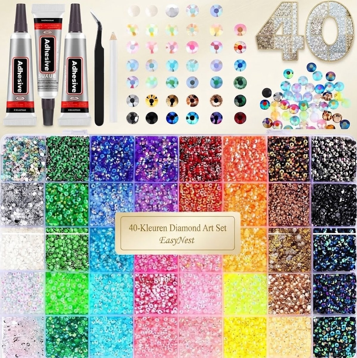 32000 Bedazzle Steentjes – 40 Kleuren Bedazzle kit – 3 mm – Inclusief 3x Lijm, Pincet & Waxpen – Strass Steentjes voor Nail Art en DIY