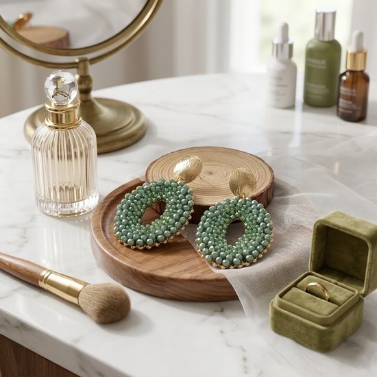 Grote, ovale turquoise groene oorbellen met gouden details, gefotografeerd met cosmetica.
