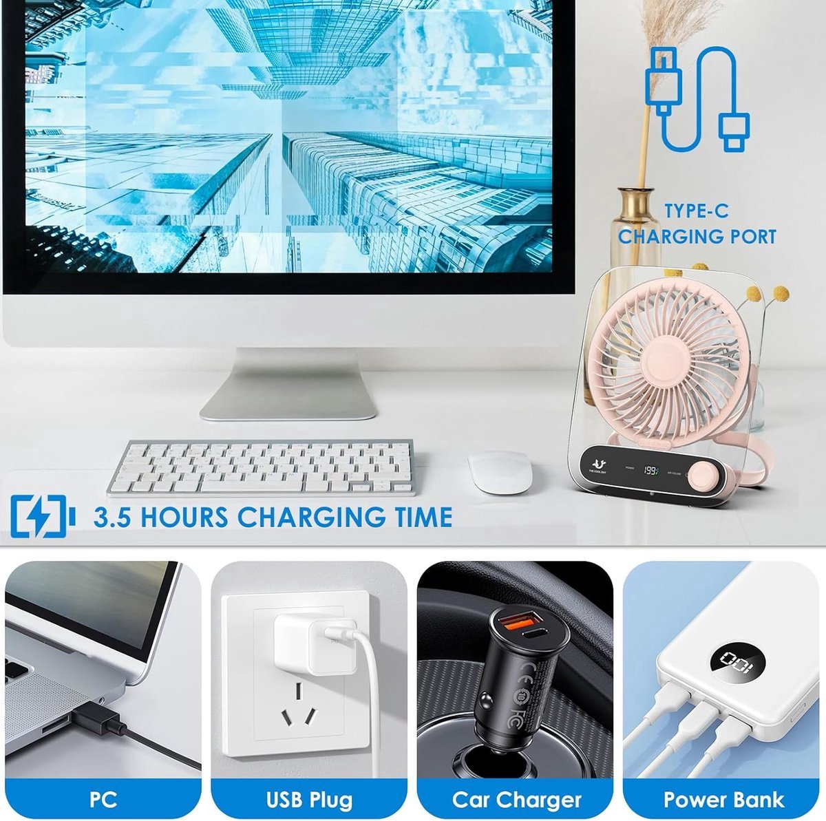 Solvix tafel ventilator geluidloos - Mini USB Ventilator - Roze - 199 Snelheden Aanpasbaar - Oplaadbare Batterij 3000mAh - Voor Thuis, Kantoor en Buitengebruik