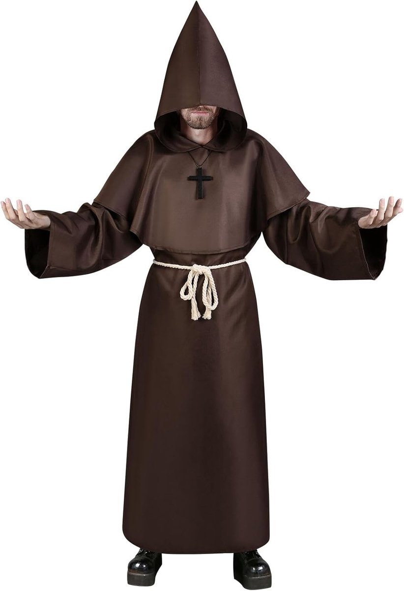 Middeleeuws Monnik Kostuum voor Volwassenen, 4-delige Cape met Kap en Renaissance Wizard Outfit voor Halloween en Feestjes