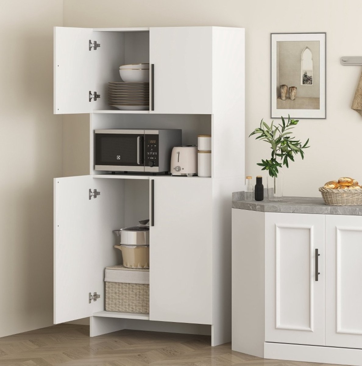 MEUNIQ keukenkast wit 79 x 40 x 175 cm met twee opbergvakken, ruim werkblad voor magnetron of koffiezetapparaat, voor keuken, eetkamer en woonkamer White