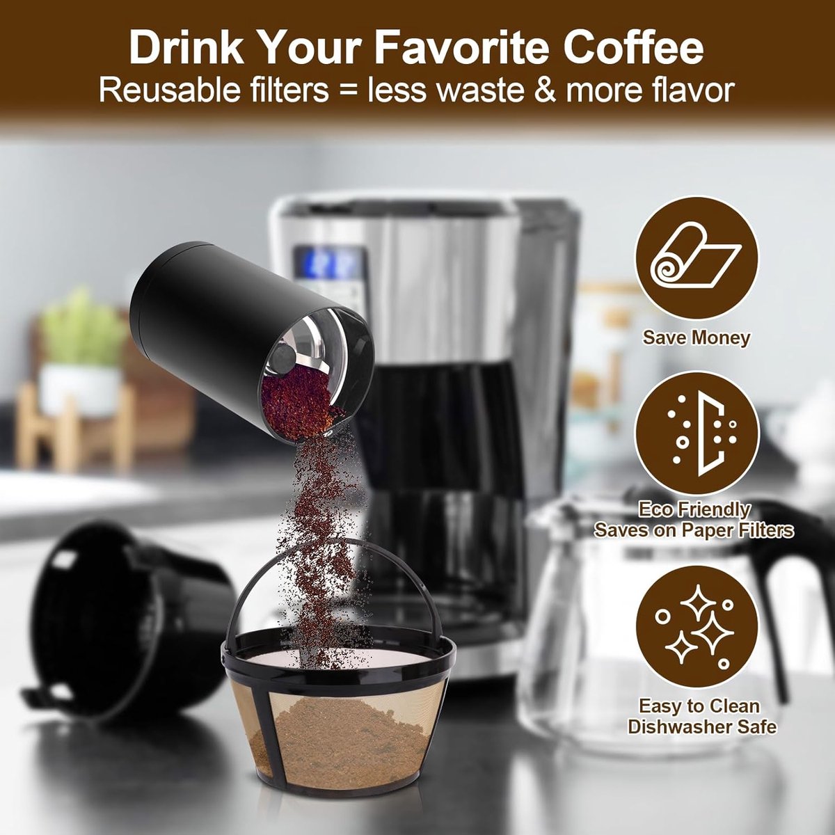 Rvs Koffiefilter - Koffie Dripper - Papierloos Giet Over Koffiedruppelaar - Herbruikbaar - Geschikt voor Black & Decker, Mr. Coffee en De Meeste - Voor Handmatige Bereiding Van Permanente Koffie - Voor Thuiskantoor, Reizen, Kamperen - Goud — cadeau in Kookcadeaus - foto 3