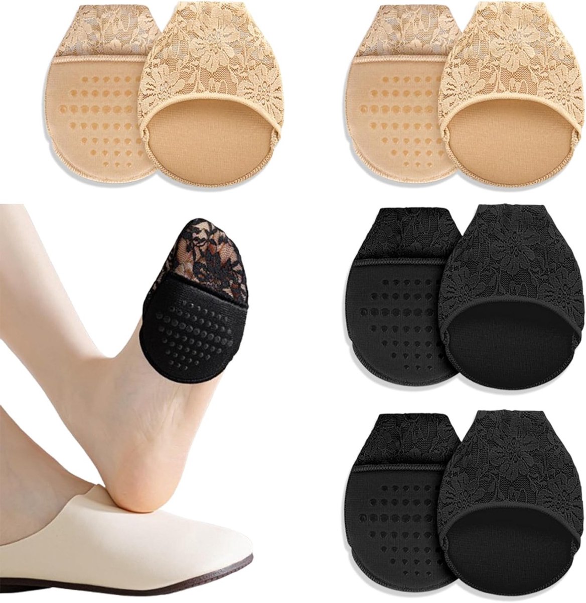 Ademende balkussens en teenringen voor dames, herbruikbare enkelpads en antislip teensokken voor hoge hakken en sportschoenen, 8 stuks in beige en zwart